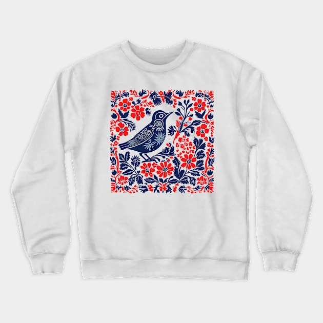 Blue and red Bird and Flowers Scandinavian Folk Art Crewneck Sweatshirt by craftydesigns